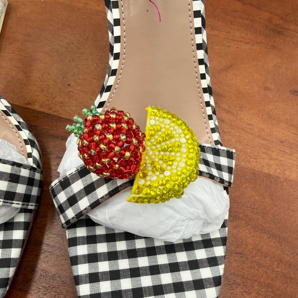 Betsey‎ Johnson Harlen Gingham Fruit Beaded Clear Wedge Sandals Black White 7.5 - Picture 13 of 14